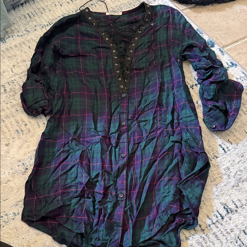 RockSteady Lace-Up Plaid Mini Dress in Green & Navy